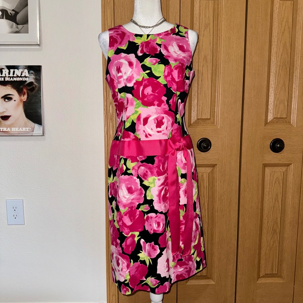 Talbots Pink Black Floral Rose Print Sleeveless Sheath Dress with Ribbon Belt 8